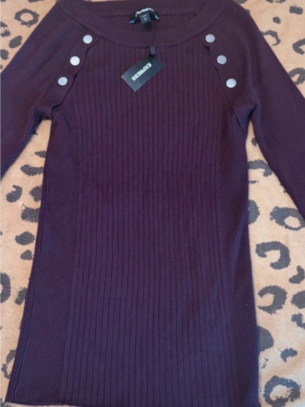 Express Plum Ribbed Long-Sleeve Sweater with Shoulder Buttons